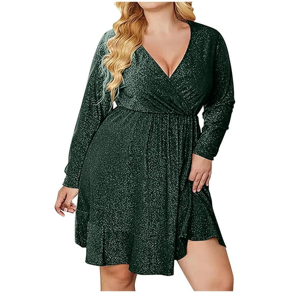 BangWanChi Womens Dresses Formal Women's Flash Dress V-neck Long Sleeve Ruffle Swinging Dress Mini Flash Dress