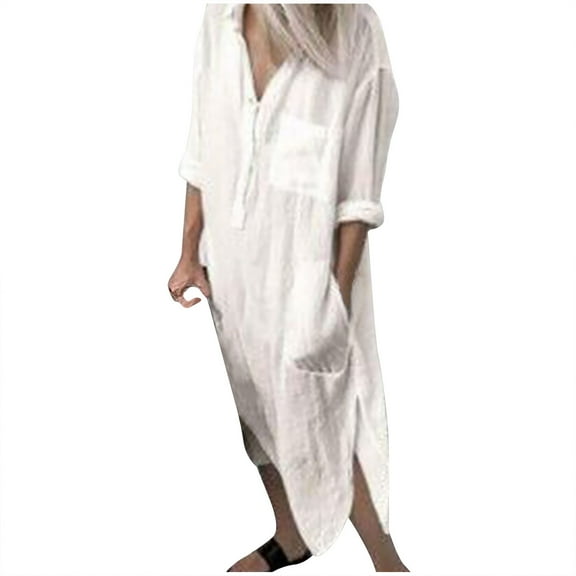 BangWanChi Womens Fall Fashion Women Fashion Easy Double Pockets Long Sleeves Solid Color Long Shirt Dress