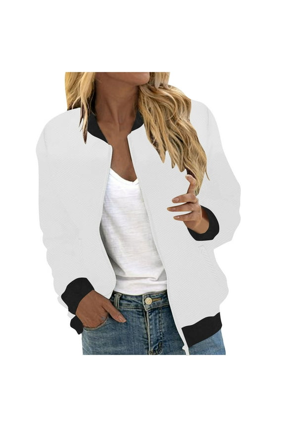 Womens Fall Winter Jackets Women's Loose Long Sleeved Jacket with Zipper Casual Coarse Knitted Baseball Jacket White S