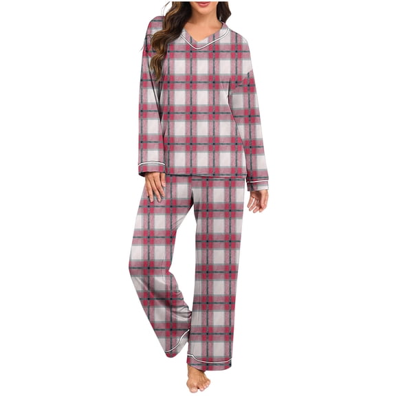 BangWanChi Womens Fashionable Plaid Printing Homewear Sets Casual Loose Solid Color V-Neck Long Sleeved Pants Pajama Set Top Pants Set