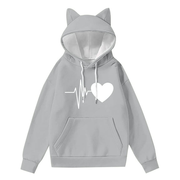 BangWanChi Womens Heart Printed Hoodies Women's Casual Solid Color Long Sleeved Top Loose Hooded Sweatshirts