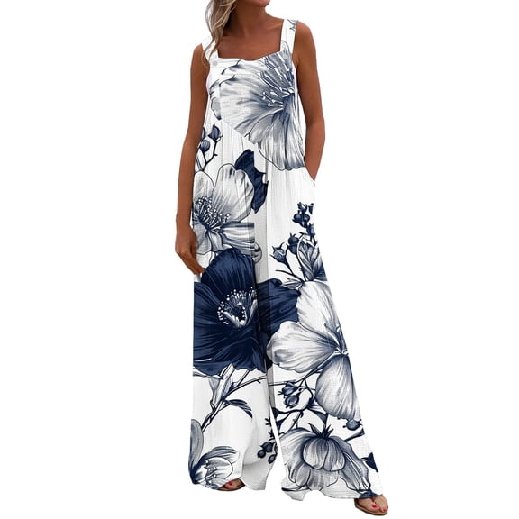 BangWanChi Womens Jumpsuits Overalls Wide Leg Casual Women's Printed Jumpsuit Casual Button Pocket Sleeveless Wide Leg Trousers