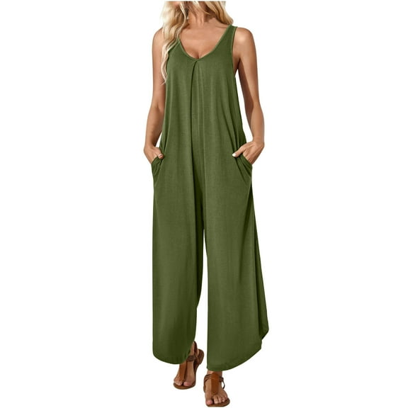 BangWanChi Womens Jumpsuits Overalls Wide Leg Casual Womens Fashion Summer Solid Pocket Casual Sleeveless Suspender Jumpsuit