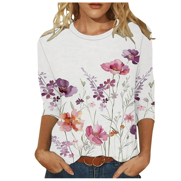 BangWanChi Womens Summer Tops 3/4 Sleeve Women Fashion Printed T-Shirt 3/4 Sleeves Blouse Round Neck Casual Tops