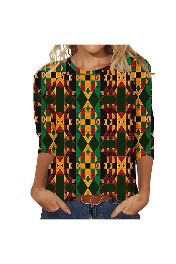 Womens Summer Tops 3/4 Sleeve Women's 3/4 Sleeve Raglan Sleeve Independent Day Printed Round Neck Top T-Shirt