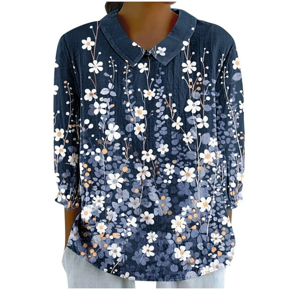 BangWanChi Womens Summer Tops 3/4 Sleeve Women's Casual Retro Style Casual Print 3/4 Sleeve Top V Sleeve Top/shirt