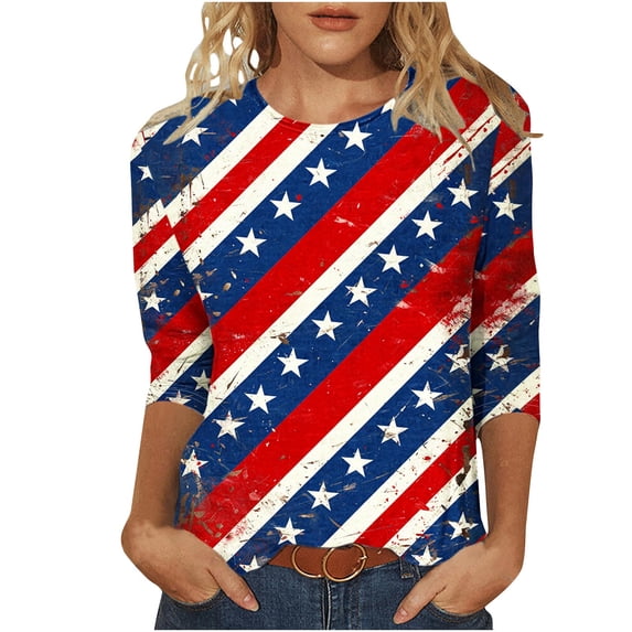 BangWanChi Womens Summer Tops 3/4 Sleeve Women's Fashion Casual Print V-neck 3/4 Sleeve Top Long Sleeved V-neck Top/Shirt