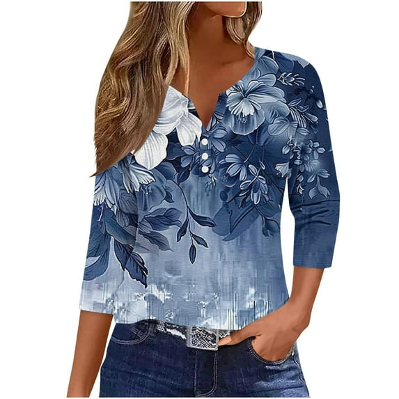 BangWanChi Womens Summer Tops 3/4 Sleeve Women's Fashion Casual Printed T-Shirt 3/4 Sleeves Buttons Blouse V-Neck Casual Tops