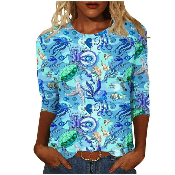 BangWanChi Womens Summer Tops 3/4 Sleeve Women's Fashion Printed T-Shirt 3/4 Sleeves Blouse Round Neck Casual Tops