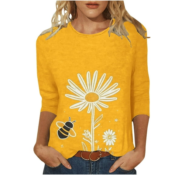 BangWanChi Womens Summer Tops 3/4 Sleeve Women's Fashion Sunflower Printed T-Shirt 3/4 Sleeve Blouse Round Neck Casual Tops