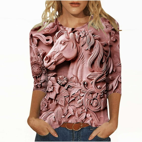 BangWanChi Womens Summer Tops 3/4 Sleeve Women's Fashion Tees Casual Crewneck 3/4 Sleeve Loose T Shirt Ladies Tops Blouses Shirts