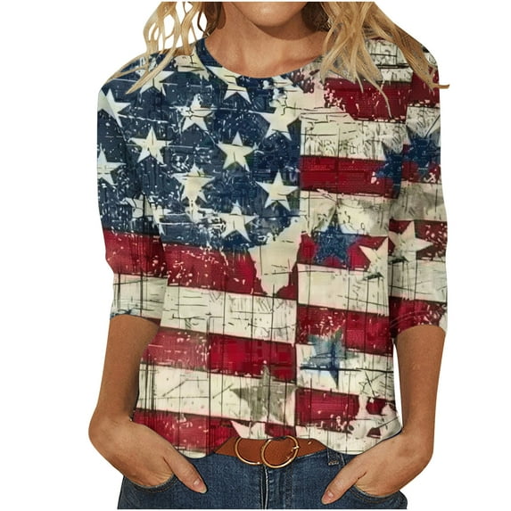 BangWanChi Womens Summer Tops 3/4 Sleeve Women's Fashion Tees Casual Round Neck 3/4 Sleeve Loose T Shirt Ladies Tops Blouses Shirts