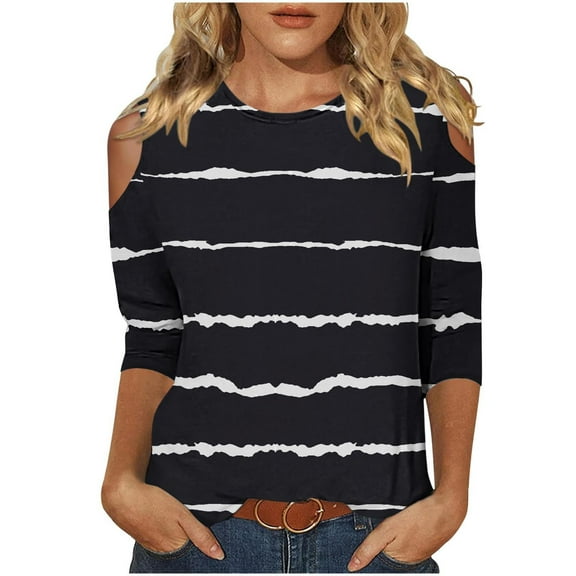 BangWanChi Womens Summer Tops with Sleeves Women's Fashion Printed T-shirt 3/4 Sleeves Blouse Round Neck Casual Tops