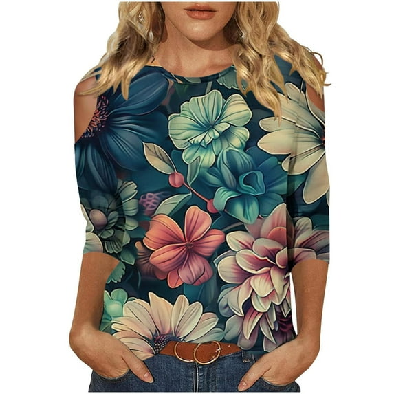 BangWanChi Womens Summer Tops with Sleeves Women's Fashion Printed T-shirt 3/4 Sleeves Blouse Round Neck Casual Tops
