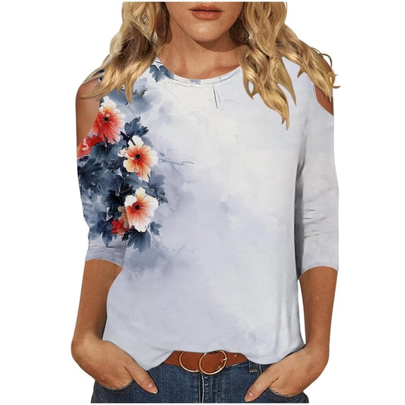BangWanChi Womens Summer Tops with Sleeves Women's Fashion Printed T-shirt 3/4 Sleeves Blouse Round Neck Casual Tops