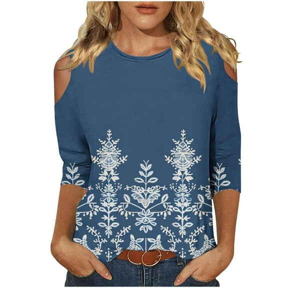 BangWanChi Womens Summer Tops with Sleeves Women's Fashion Printed T-shirt 3/4 Sleeves Blouse Round Neck Casual Tops