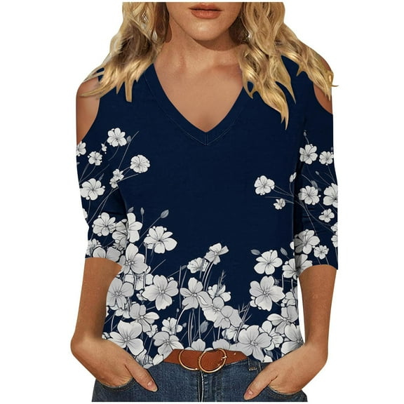 BangWanChi Womens Summer Tops with Sleeves Women's Fashionable Casual 3/4 Sleeve Off Shoulder V-neck Printed Top