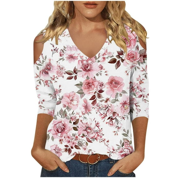 BangWanChi Womens Summer Tops with Sleeves Women's Fashionable Casual 3/4 Sleeve Off Shoulder V-neck Printed Top