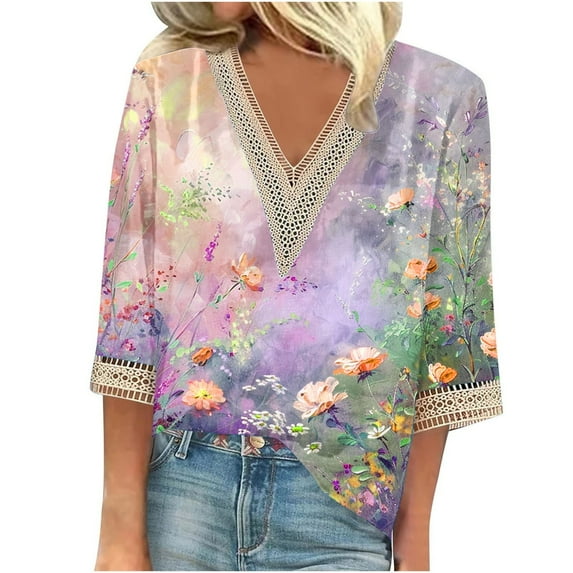 BangWanChi Womens Summer Tops with Sleeves Women's Summer Printed Pullover V-Neck Lace T-Shirt 3/4 Sleeves Three-quarter Sleeve Top
