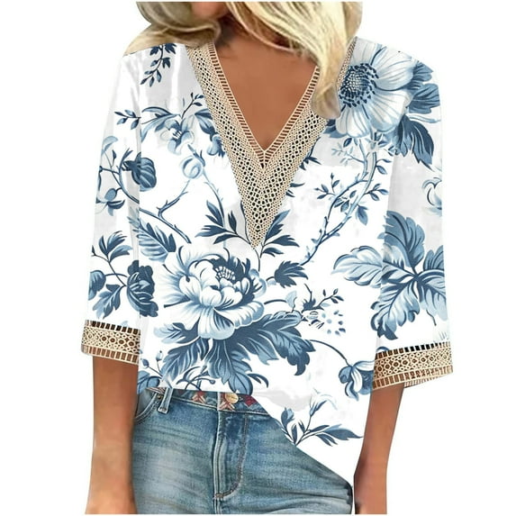 BangWanChi Womens Summer Tops with Sleeves Women's Summer Printed Pullover V-Neck Lace T-Shirt 3/4 Sleeves Three-quarter Sleeve Top