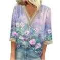 thumbnail image 1 of BangWanChi Womens Summer Tops with Sleeves Women's Summer Printed Pullover V-Neck Lace T-Shirt 3/4 Sleeves Three-quarter Sleeve Top, 1 of 5