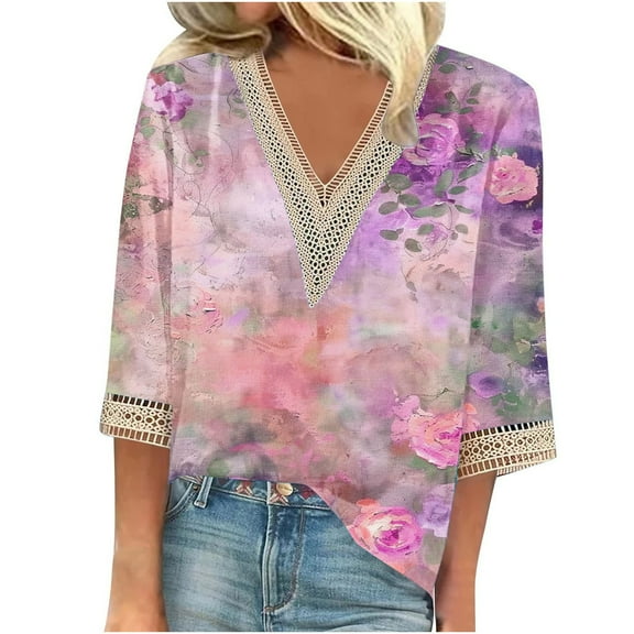 BangWanChi Womens Summer Tops with Sleeves Women's Summer Printed Pullover V-Neck Lace T-Shirt 3/4 Sleeves Three-quarter Sleeve Top