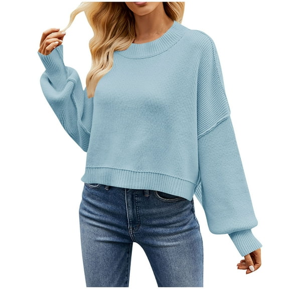 BangWanChi Womens Sweatshirt with Pockets Womens Casual Solid Loose Round Neck Sweater Long Sleeved Tops