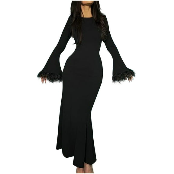 BangWanChi Womens Winter Dress Casual Fashion Women's Spring/Summer Temperament Solid Long Sleeve Round-Neck Dress Black S