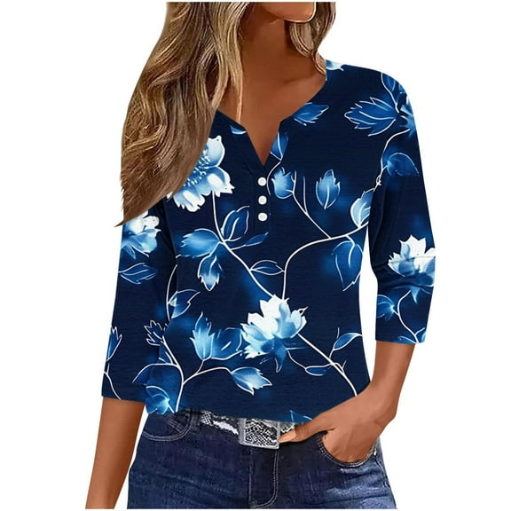 BangWanChi Work Blouse Bodysuit Women's Fashion Casual Printed T-shirt 3/4 Sleeves Buttons Blouse V-Neck Casual Tops