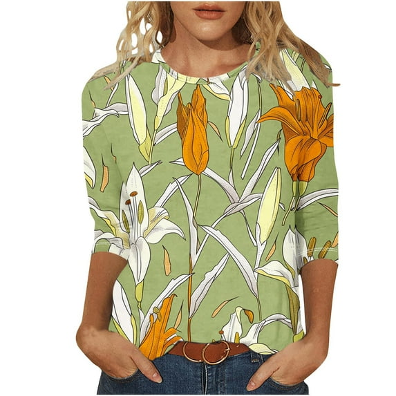 BangWanChi Work Blouse Long Sleeve Women's Fashion Casual Color Block Printing Round Neck 3/4 Sleeve T-shirt Top Blouse