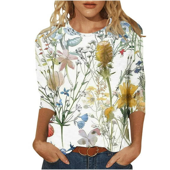 BangWanChi Work Blouse Long Sleeve Women's Fashion Casual Color Block Printing Round Neck 3/4 Sleeve T-shirt Top Blouse