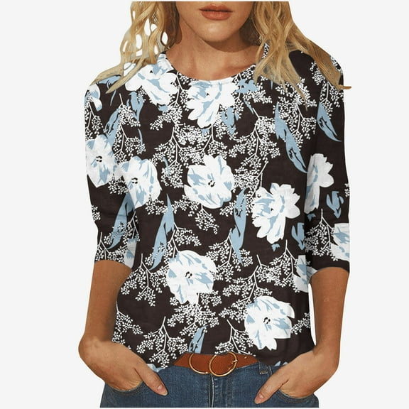 BangWanChi Work Blouse Plus Women Fashion Printed T-shirt 3/4 Sleeves Blouse Round Neck Casual Tops