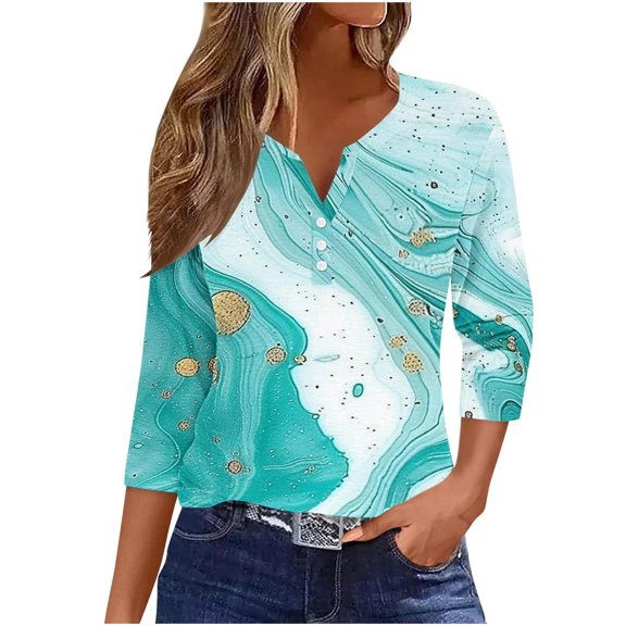 BangWanChi Work Blouse Plus Women's Fashion Casual Printed T-shirt 3/4 Sleeves Buttons Blouse V-Neck Casual Tops