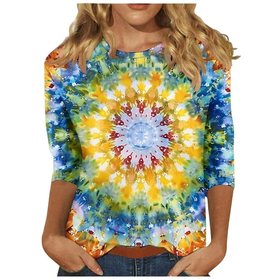 BangWanChi Work Blouses for Women Office Women's Casual 3/4 Sleeved Round Neck Print Top Long Sleeved Round Neck Top/shirt