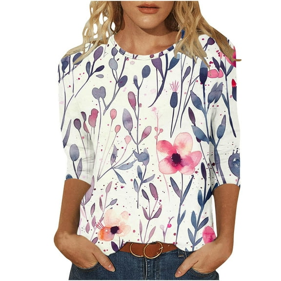 BangWanChi Work Blouses for Women Office Women's Fashion Casual Color Block Printing Round Neck 3/4 Sleeve T-shirt Top Blouse