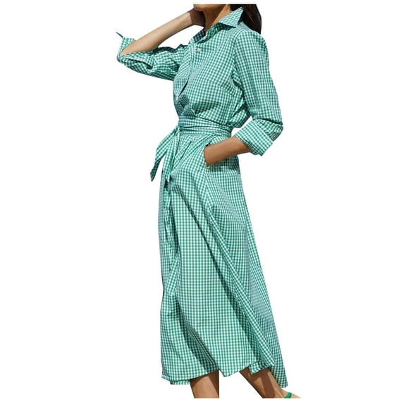 BangWanChi Work Dresses for Women Womens Summer Dresses Long Dresses for Women Women'S Vintage Plaid V-Neck Lapel Long-Sleeved Button-Up Belt Mid-Length Shirtdress