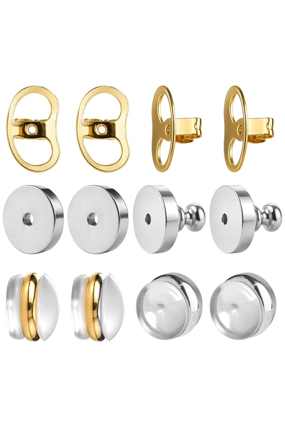 6 Pairs Earring Backs for Droopy Ears, Heavy Earring Support Locking Clutches, Secure Earring Back Replacements for Sensitive Skin, Gold & Silver Tone Earring Backs