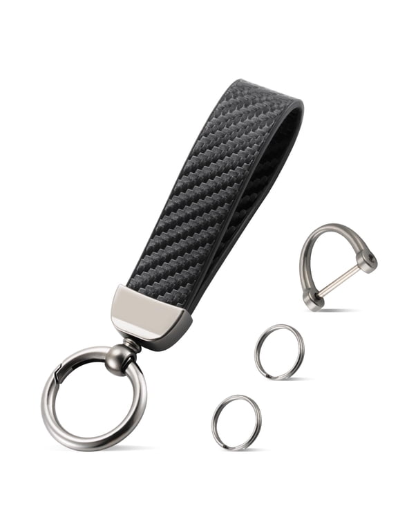 Leather Keychain, Carbon Fiber Car Key Chain with Anti-Lost D-Ring and 2 Key Ring, Keychain Wristlet, Car Accessories, Universal Keychain for Men and Women (Black)