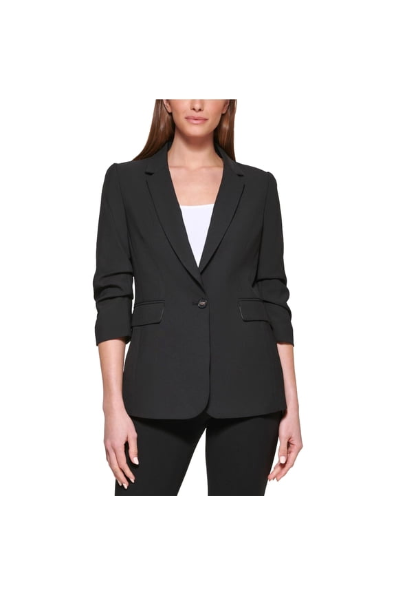 Womens Madison Rayon Cinched Sleeve One Button Blazer Jacket, Black, Petite, 8P
