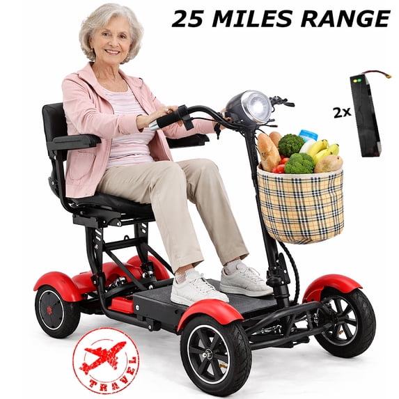 Bangeran Long Range Electric Medical Scooter 25 MILES, Powerful Li-on Battery Large Seat, Foldable Portable - Matte Red