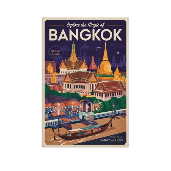 Bangkok Retro Travel Poster Vintage Thai City Tourism with Grand Palace & Floating Markets Print Poster