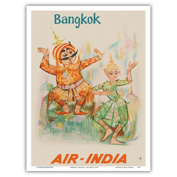 Bangkok Thailand - Air India - Maharajah with Thai Classical Khon Dancer - Vintage Airline Travel Poster c.1965 - Master Art Print (Unframed) 9in x 12in