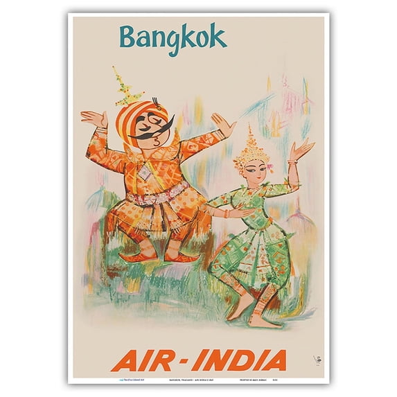 Bangkok Thailand - Air India - Maharajah with Thai Classical Khon Dancer - Vintage Airline Travel Poster c.1965 - Master Art Print 10in x 14in