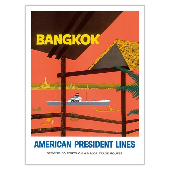 Bangkok Thailand - American President Lines - Vintage Ocean Liner Travel Poster by John Russell Clift c.1958 - Bamboo Fine Art 290gsm Paper (Unframed) 12x16in