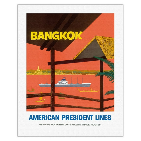 Bangkok Thailand - American President Lines - Vintage Ocean Liner Travel Poster by John Russell Clift c.1958 - Fine Art Rolled Canvas Print 20in x 26in