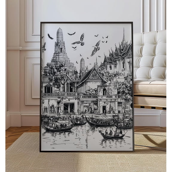 Bangkok Thailand, Black & White Cityscape Wall Art, Thai Temple Line Drawing, Riverside Skyline Print Home Decor #2655, Stretched Canvas Size 12x18