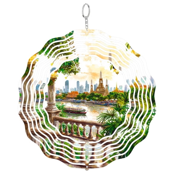 Bangkok Thailand Golden Palace 3D Wind Spinner Metal Hanging Art Outdoor Patio Decor Asian Cityscape Gift