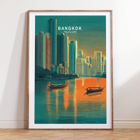 Bangkok Thailand Minimalist Cityscape Wedding Wall Art, Stretched Canvas Size 8x12