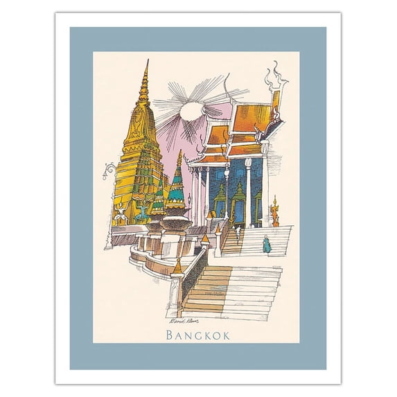 Bangkok Thailand - Temple of the Dawn - Vintage Airline Travel Poster by David Klein c.1950s - Fine Art Matte Paper Print (Unframed) 20x26in