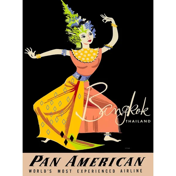 Bangkok Thailand Thai Dancer Asia Pan American Travel Advertisement Art Office Poster , Poster Print Only